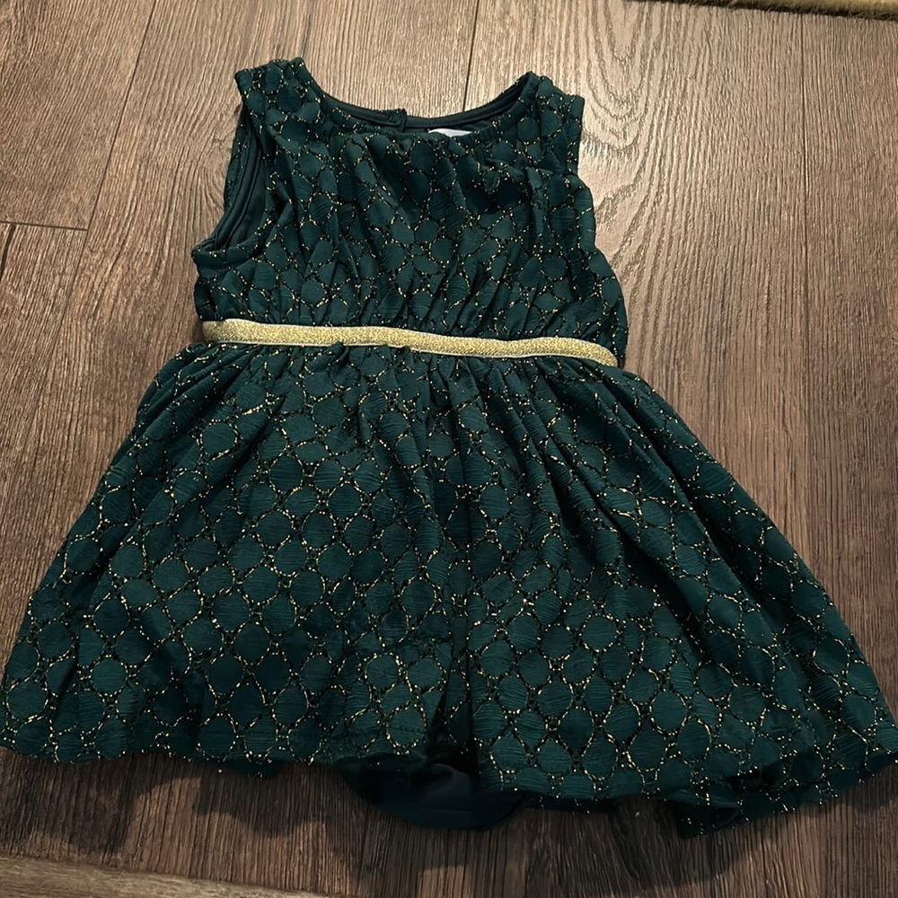 Target dark green dress with gold detail. NWT. 12 months. Includes bloomers.